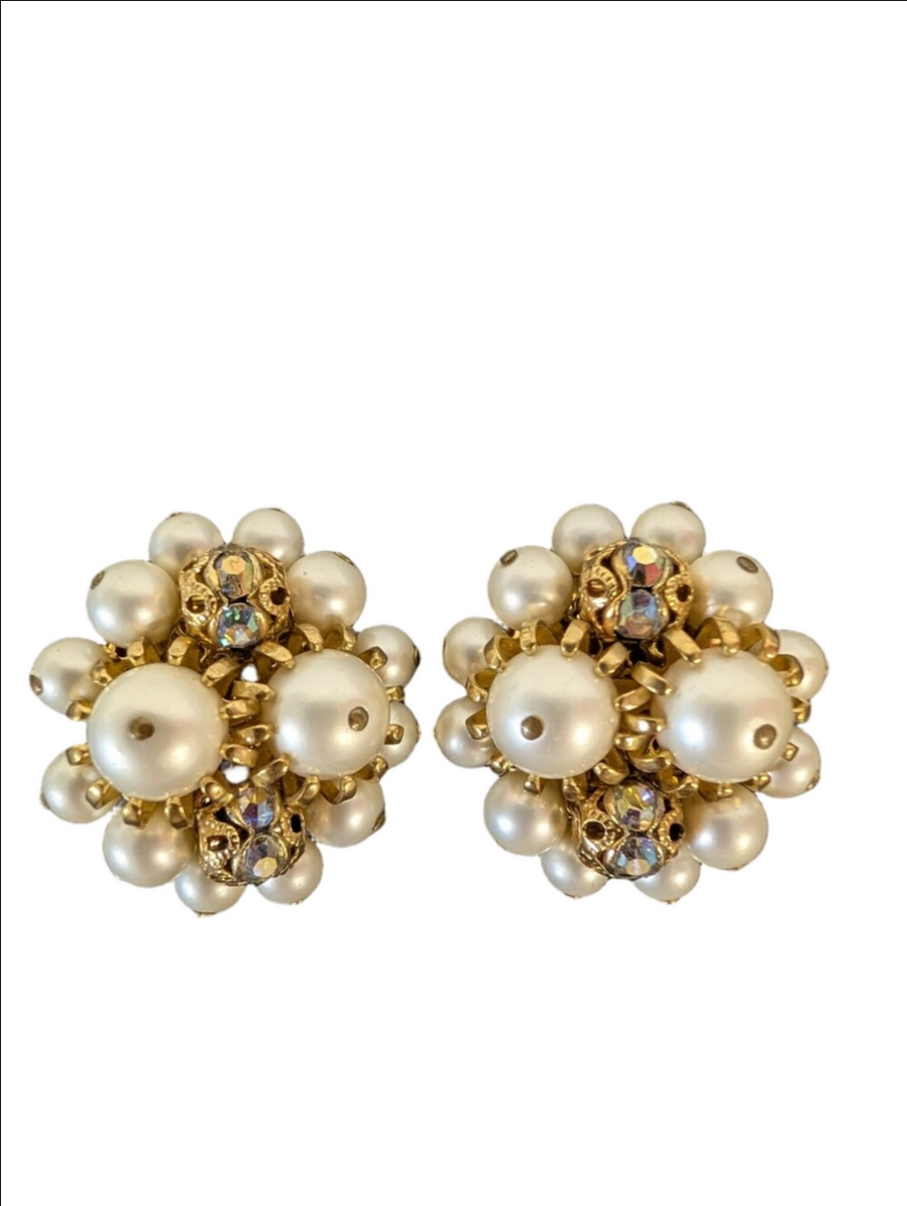 VINTAGE Earrings By Kramer Pearl Cluster Gold-Tone Statement Clip Earrings